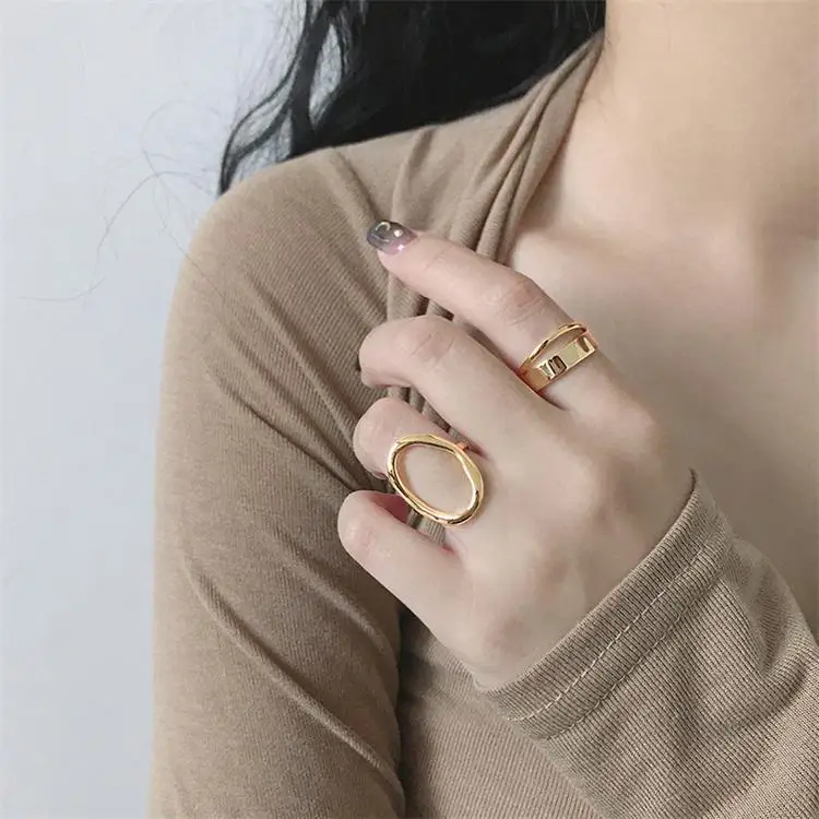 LouLeur, настоящее 925 пробы, серебряные Открытые Кольца, минималистичные, гладкие, двойная линия, простые кольца для женщин, модное кольцо, хорошее ювелирное изделие, подарки - Цвет камня: gold color