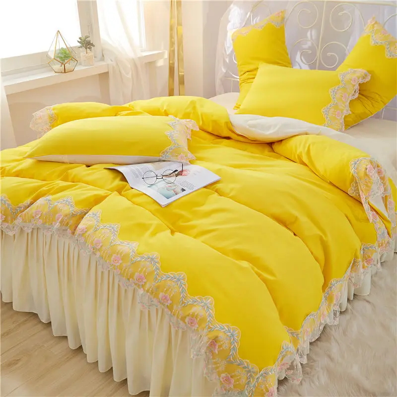 Желтые наборы кружевного постельного белья полная королева ковровое покрытие принцесса девушки кровать юбка Корейская постельное белье красивый взрослый набор стеганных одеял