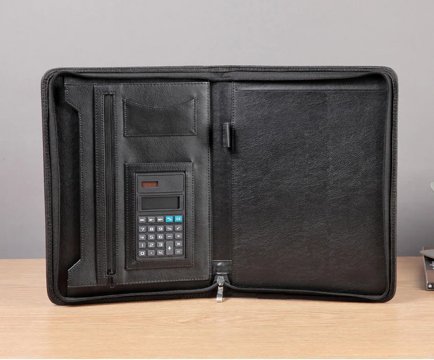 Высокое качество Профессиональный бизнес молнии A4 Padfolio из искусственной кожи современный портфель папка с карманами калькулятор