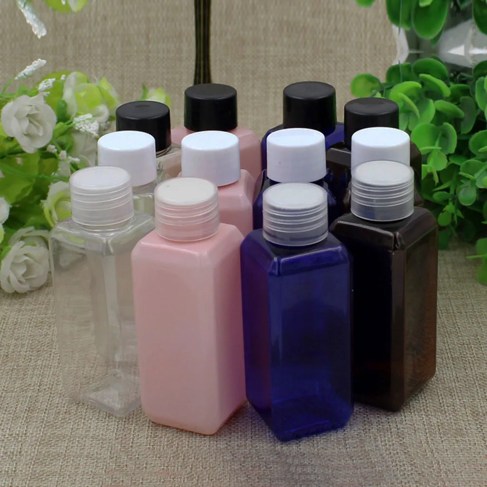 

100pcs 50ml empty transparent square cosmetic bottles with screw cap,50cc lotion plastic container with stopper DIY clear bottle
