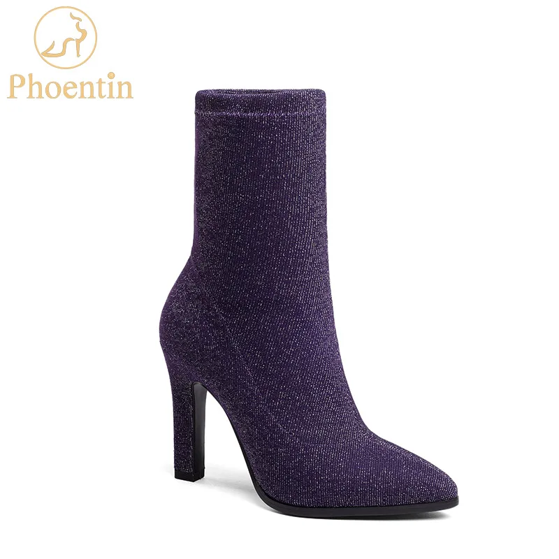 

Purple stretch fabric sock boots women 2018 new pointed toe thin high heels slip on mid calf ladies boots black PHOENTIN PH047