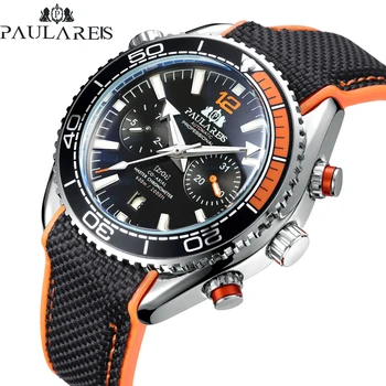

Men Automatic Self Wind Mechanical Canvas Rubber James Bond 007 Style Orange Blue Multifunction Date Month Sport Watch