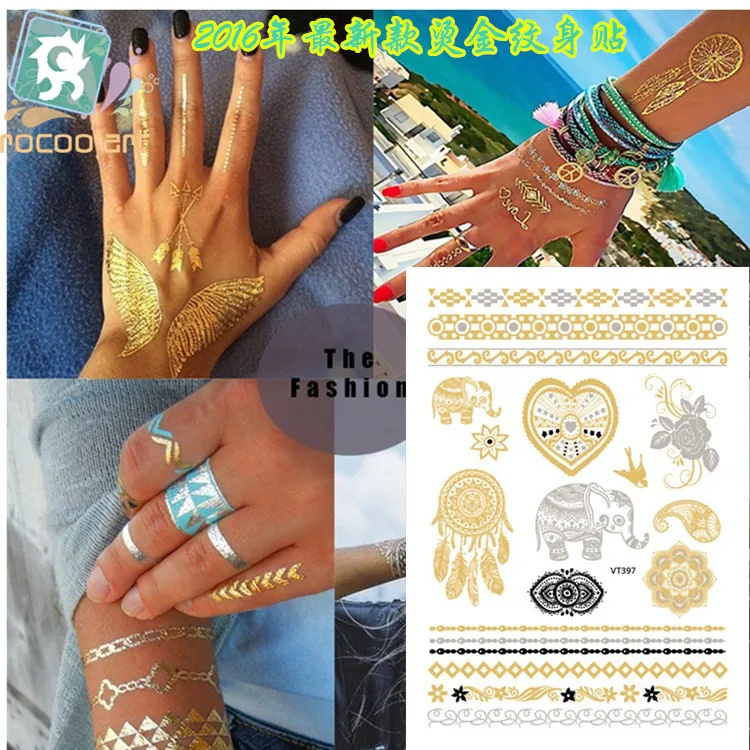 

VT397/Latest India Henna MetallicTattoos Gold Silver Body Temporary Flash Mandala Flower Elephant Dreamcatcher Tattoo Designs