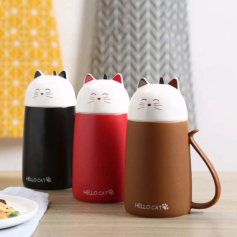 

Cute Cat Cartoon Coffee Mug Milk Cups Home Breakfast Ceramic Cup with Lid and Spoon Christmas Lovely Kids Mug Gifts