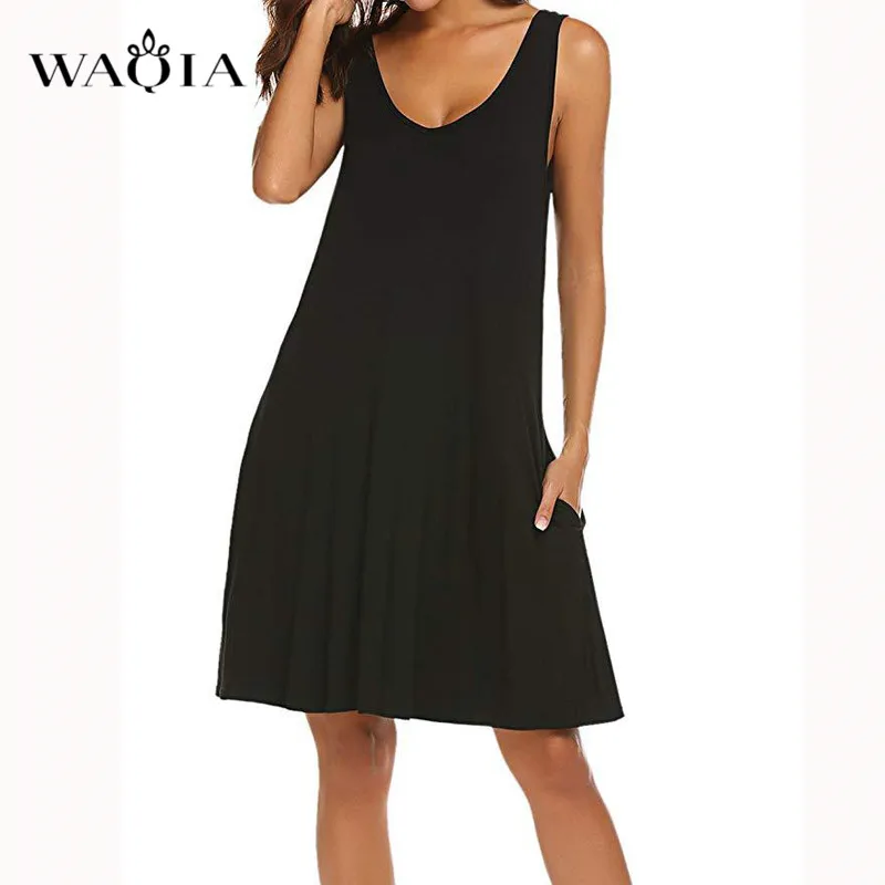 Waqia 2019 плюс размеры женские летние платья карман свободное платье дамы экипажа средства ухода за кожей Шеи повседневное топы для девоч