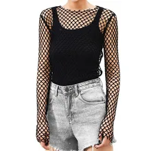 

Women See Through Perspective Sheer Mesh Fishnet Tee Bodycon Long Sleeve Tops Beach T-shirt New Design Party Club Tops