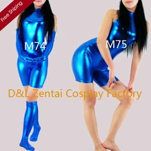 DHL, сексуальный костюм для взрослых, синий блестящий металлический спандекс, женские комбинезоны с перчатками и носками