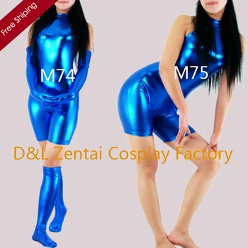 

Free Shipping DHL Sexy Adult Events Costume Blue Shiny Metallic Spandex Catsuits for Woman with Gloves and Socks
