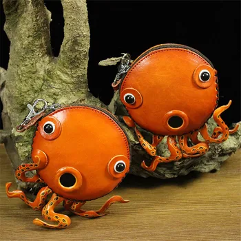 

Female Bag Handmade Vegetable Tanned Leather Holding Oblique Hanging Octopus Cartoon Purse