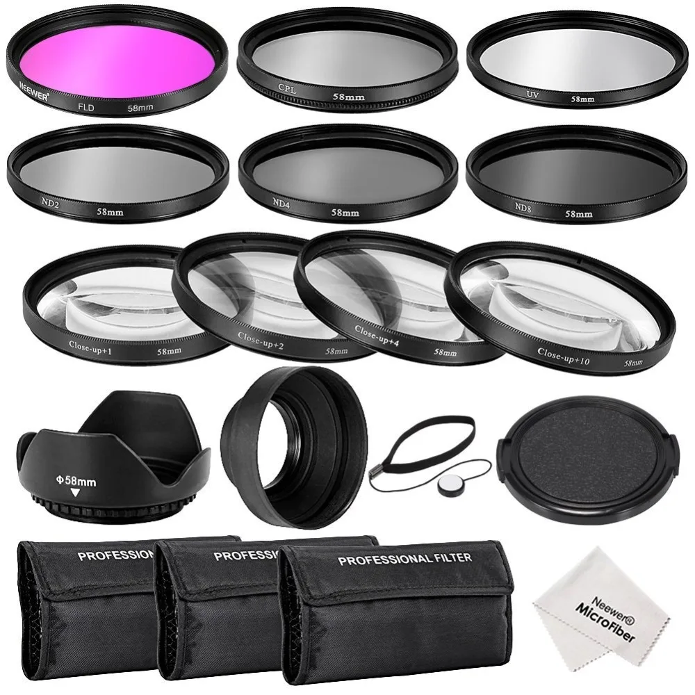 

Neewer 58MM Complete Lens Filter Accessory Kit:58MM Filters(UV/CPL/FLD)+Close-up Filters(+1+2+4+10)+ND Filters(ND2/ND4/ND8)+Len