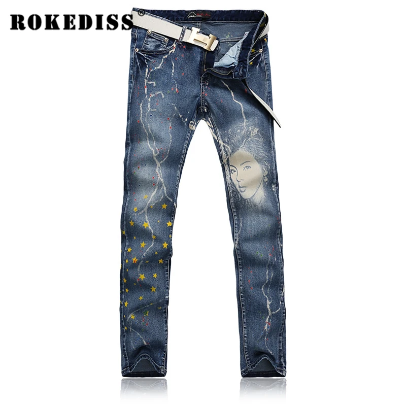 

2017 New Rock Style Fashion Personality Men woman Printing star Jeans Slim Full Length Pants Plus Size Free Shipping G209