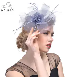 WELROG Свадебные Шапки Fascinators для женские вечерние кружева завесу цветок из синамея с перьями головной убор Fedora перо коктейльное Шапки