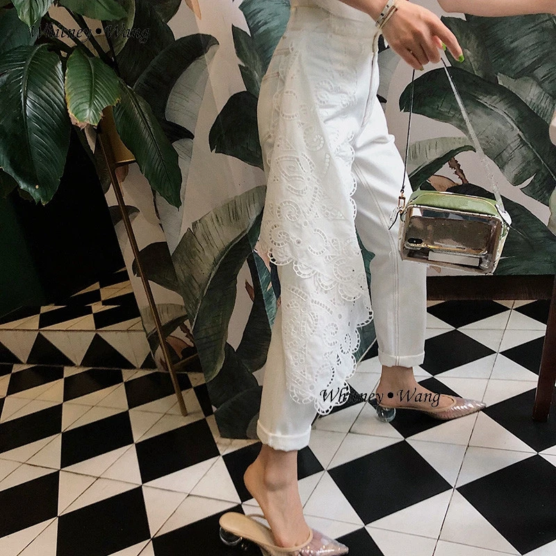 

WHITNEY WANG 2019 Summer Fashion Streetwear Designer Style Asymetrical Waist Lace Patchwork Ruffles Jeans Women Denim Pants