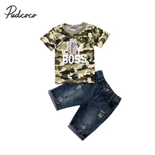 Коллекция года, новая брендовая одежда для маленьких мальчиков футболка камуфляжные топы, джинсовые штаны комплект из 2 предметов, Детская летняя одежда От 1 до 6 лет