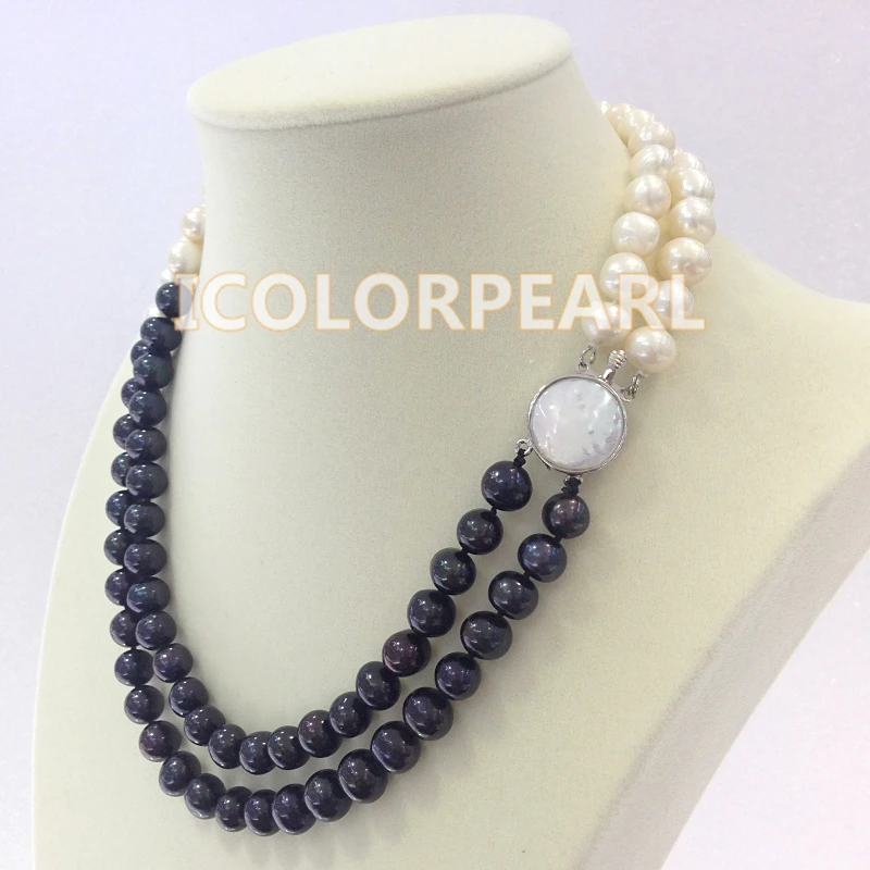 

45-48cm Two Row 9-10MM Nearround White And Black Natural Freshwater Pearl Necklace With A Nice Shell Clasp