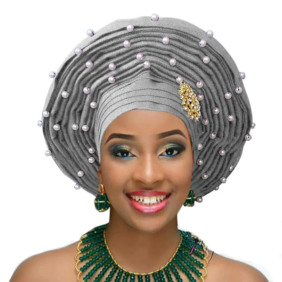 grey Aso oke gele nigerian woman headtie with white beads african woman auto gele for wedding headwear 2018