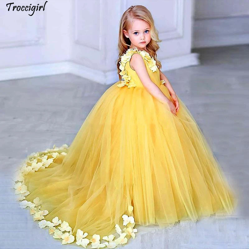 70-1            Yellow Flower Girls Dresses For Weddings V Neck Satin Tulle Petals Floor Length Ball Gown Children Wedding Birthday Party Dresses