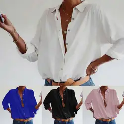 Сексуальные новые женские рубашки сплошной цвет v-образный вырез кнопки Топы с длинным рукавом Свободная блузка летняя одежда