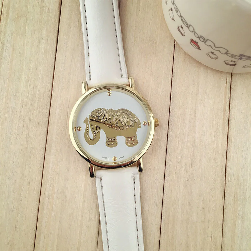 Montre модные часы со слоном, женские Роскошные Кварцевые часы с золотым циферблатом, Женские Аналоговые наручные часы из искусственной кожи, Relogio Feminino