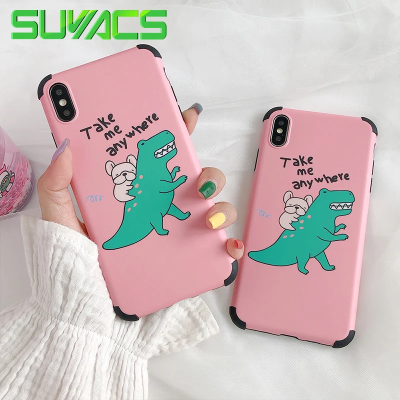 

SUYACS Shockproof Cartoon Dinosaur Dog Giraffe Phone Case For iPhone XR XS Max 6 6S 7 8 Plus X Soft IMD Words Phone Back Cover