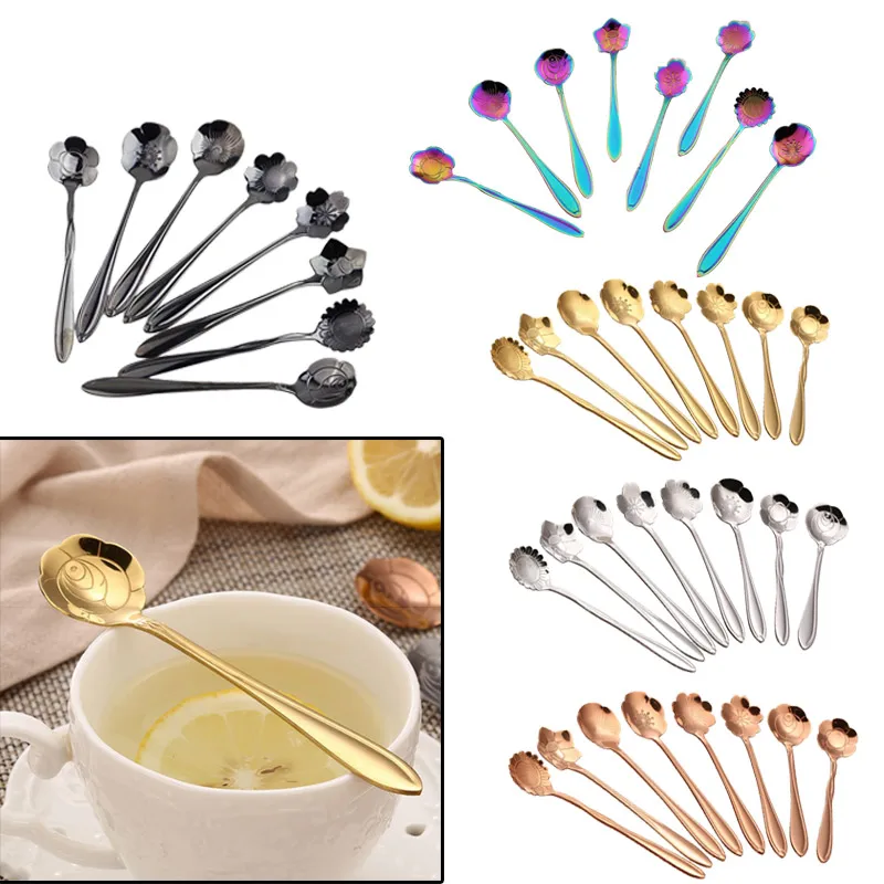 8pcs/set Stainless Steel Coffee Spoon Creative Flower Shape Tea Coffee