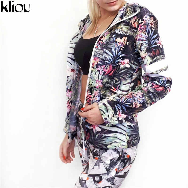 Kliou 2018 Long Sleeve Zipper Bomber Jacket Flower Print