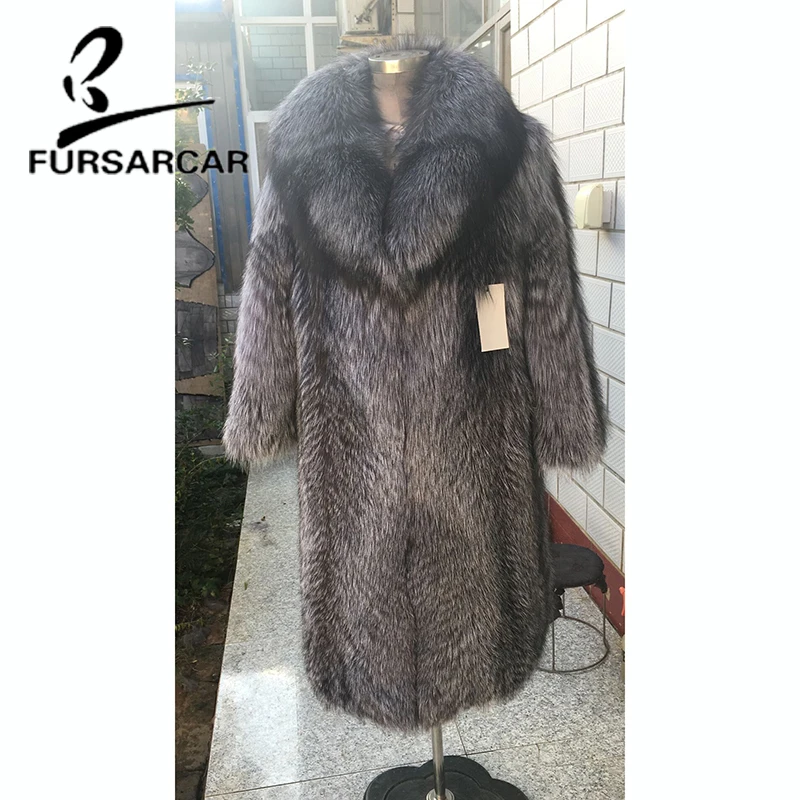 Fursarcar Настоящее Silver Fox Шуба Для женщин 100 см длинные роскошные Silver Fox куртка полным ходом Шуба с отложной воротник