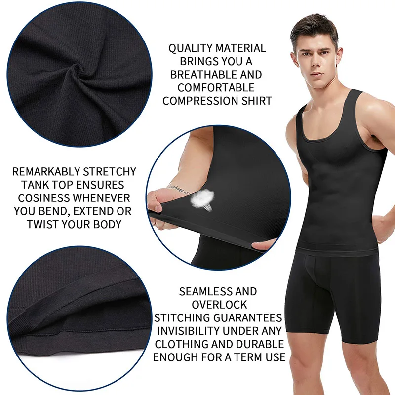 Mens Slimming Body Shaper Vest Shirt Abs Abdomen Compression Shirt to Hide Gynecomastia Moobs Workout Tank Tops Undershirts