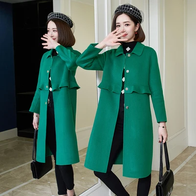 Green Двустороннее пальто, длинное женское пальто, весна, новая мода, гофрированная ветровка для женщин, шерсть, двустороннее кашемировое шерстяное пальто - Цвет: Green