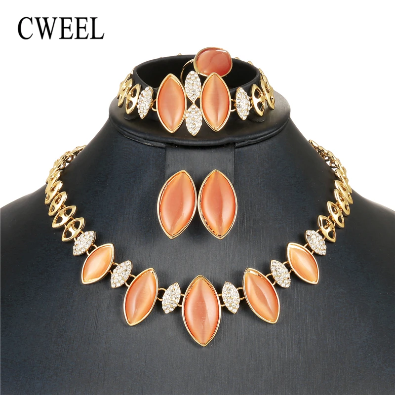 

CWEEL Opal Jewelry Sets For Women Wedding Bridal Dubai African Beads Jewelry Set Nigerian Bead Imitation Crystal Cheap Jewellery
