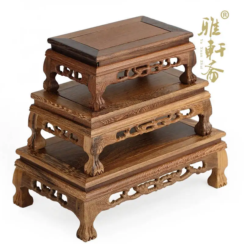

F hollow carved rosewood handicrafts jade stone base set of three rectangular wooden wings tiger Taiwan