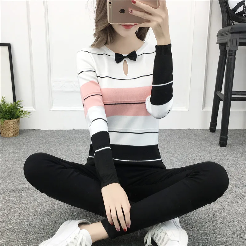 Women Spring Knitted Cute Bow Tie Striped Regular Short Pullover Sweater Ladies Casual All-match Wear Blouse | Женская одежда