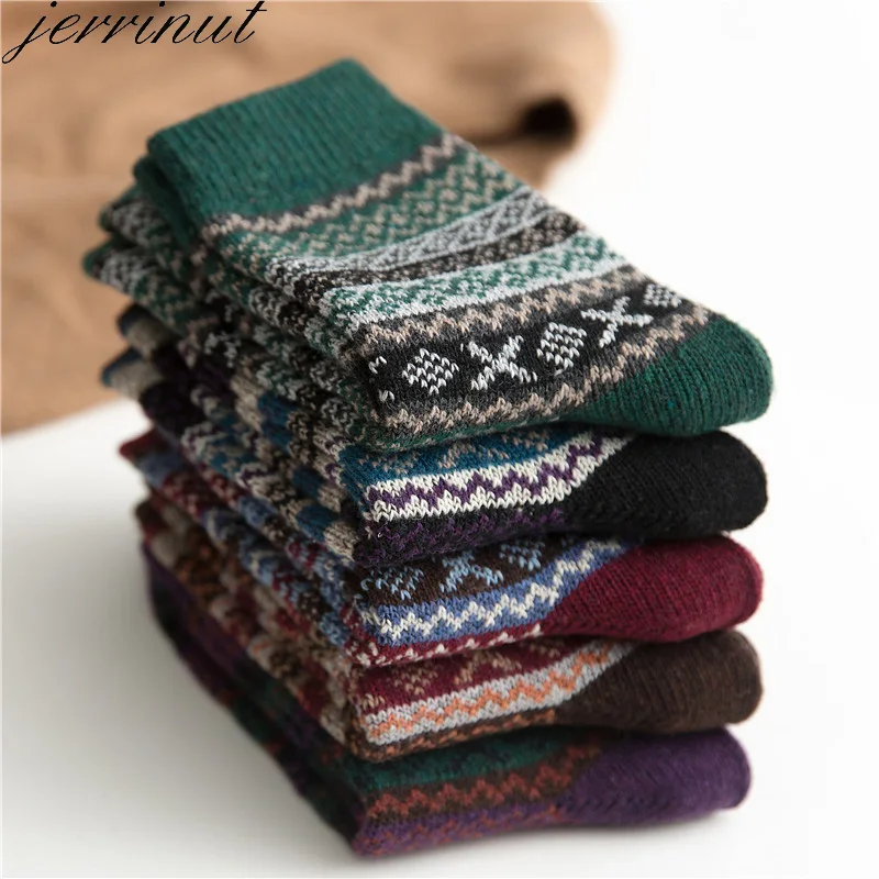 

Jerrinut5 Pairs Winter Men Socks Casual Business Thick Warm Wool Socks Cashmere Striped Fashion Women's Cotton Socks With Print