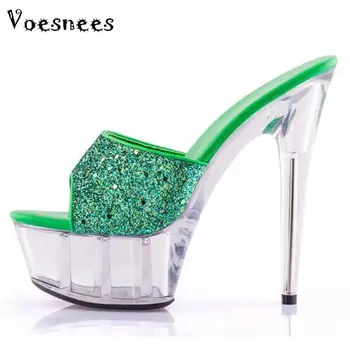 

Women Shoes Butterfly-knot Slides Ultra-high-heeled 15cm Sequined Cloth Sandals Fine With Wedding Dress Banquet Sexy Big Yards