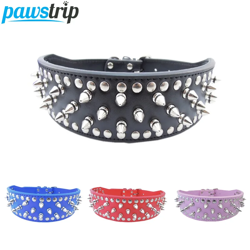 Buy 2 inch Width Pet Large Dog Collar Leather Spiked Studded Dog Collar For