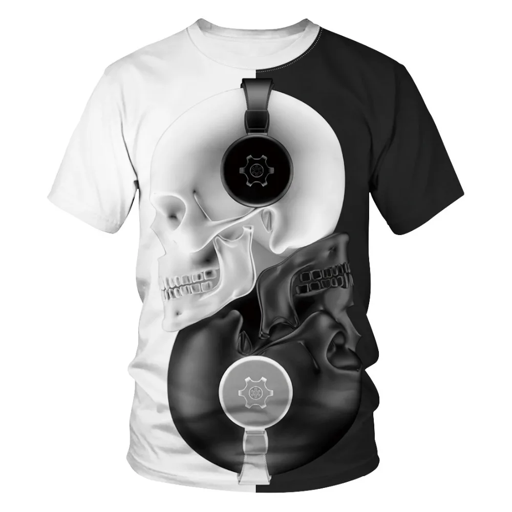 

2019 New Design 3D Print Skull Head Music Tshirt Men/women Casual Streetwear Black White Tee T shirt Boys Loose Tshirt Clothes