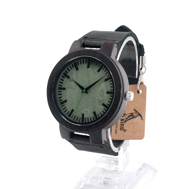 BOBO BIRD V-C22 Mens Quartz Watches Handmade Wooden Wristwatch With Black Leather Strap in Gift Box Horloges Mannen