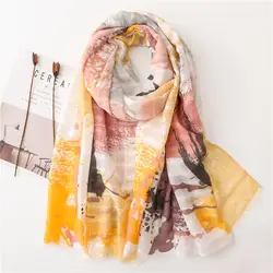 KYQIAO для женщин абстрактным принтом шарф женский Осень Весна Испания Стиль длинный желтый цветущие пашмины Sjaal мусульманский хиджаб снуд