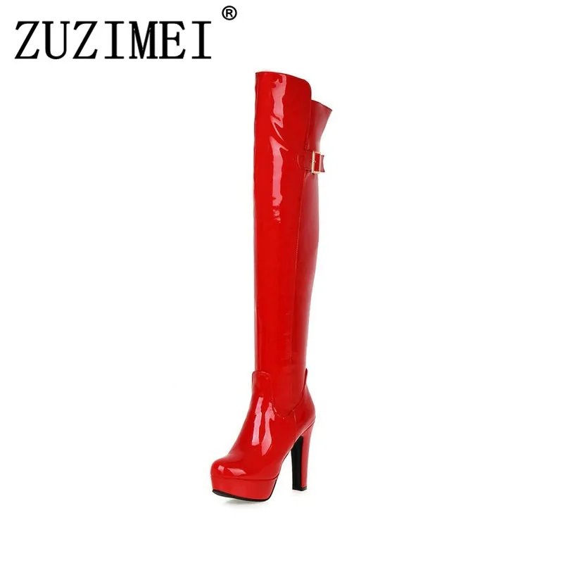 

Patent Leather Square High Heel Over The Knee Fashion Platform Buckle Side Zipper Plus Size Thigh Boots Winter Warm Woman Boots