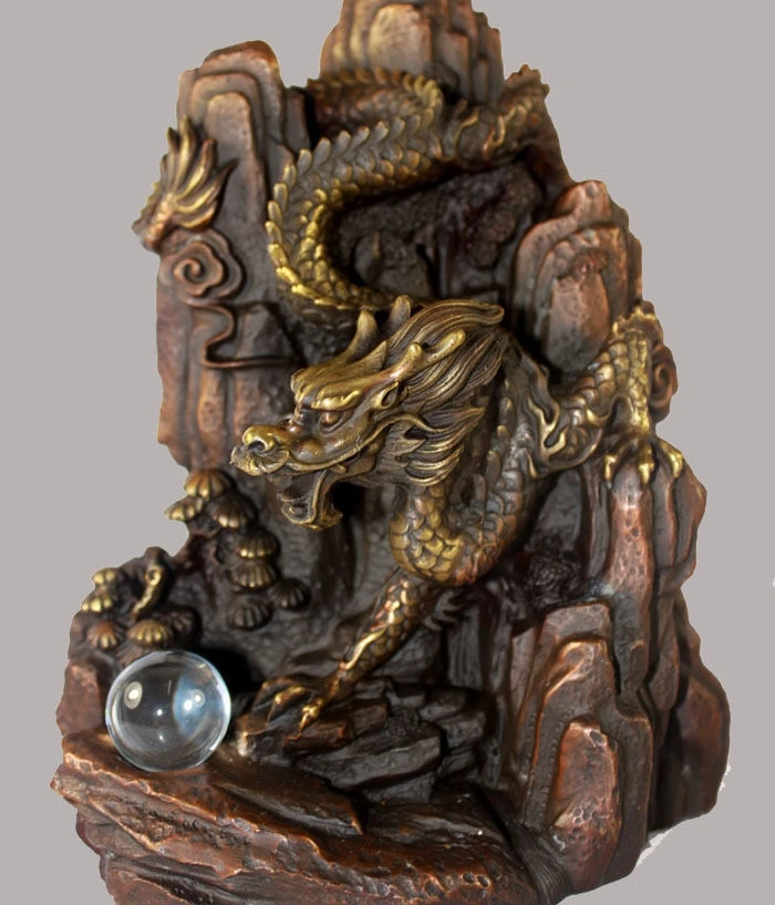 

8" China Pure Bronze Animals Sculpture Feng Shui Mountain Dragon Pearl Statue