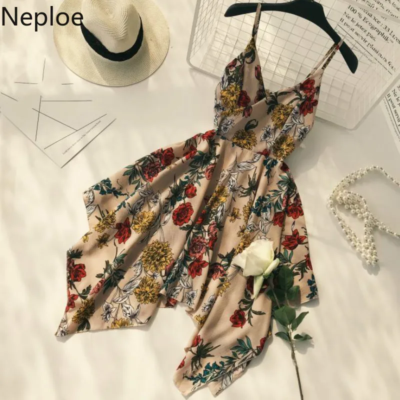 

Neploe Super Fire Seaside Dress Women 2019 Summer V-Neck Shoulder Strapless Vestidos High Waist Irregular Dress 44617