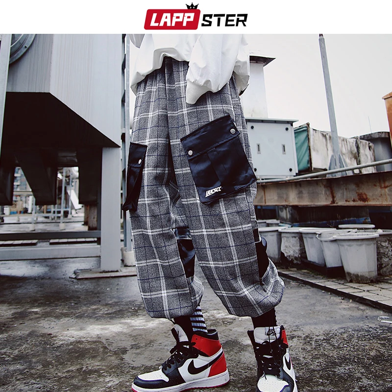 

LAPPSTER Pockets Joggers Plaid Pants Black 2019 Overalls Men Streetwear Harem Pants Hip Hop Trousers Baggy Sweatpants Loose 2XL
