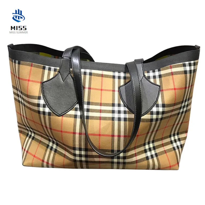 

2019 maximum capacity Positive and negative Plaid shopping bag 100% Cowhide Handbag