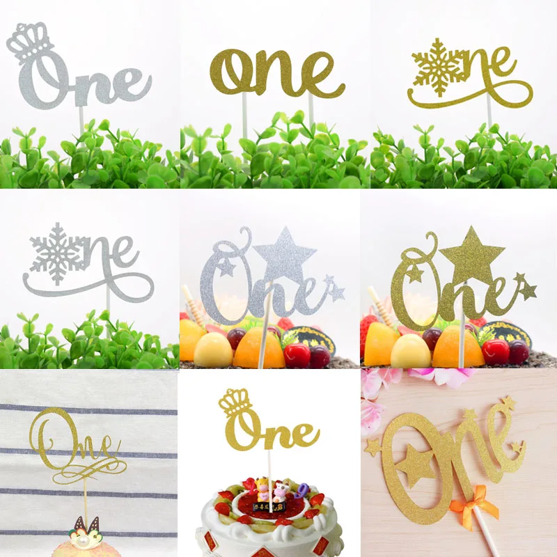 

1pc One With Crown Bowtie snowflake Star Cake Toppers Happy Birthday Gold Silver Paper Board Cake Flag Party Cake Decor Supplies