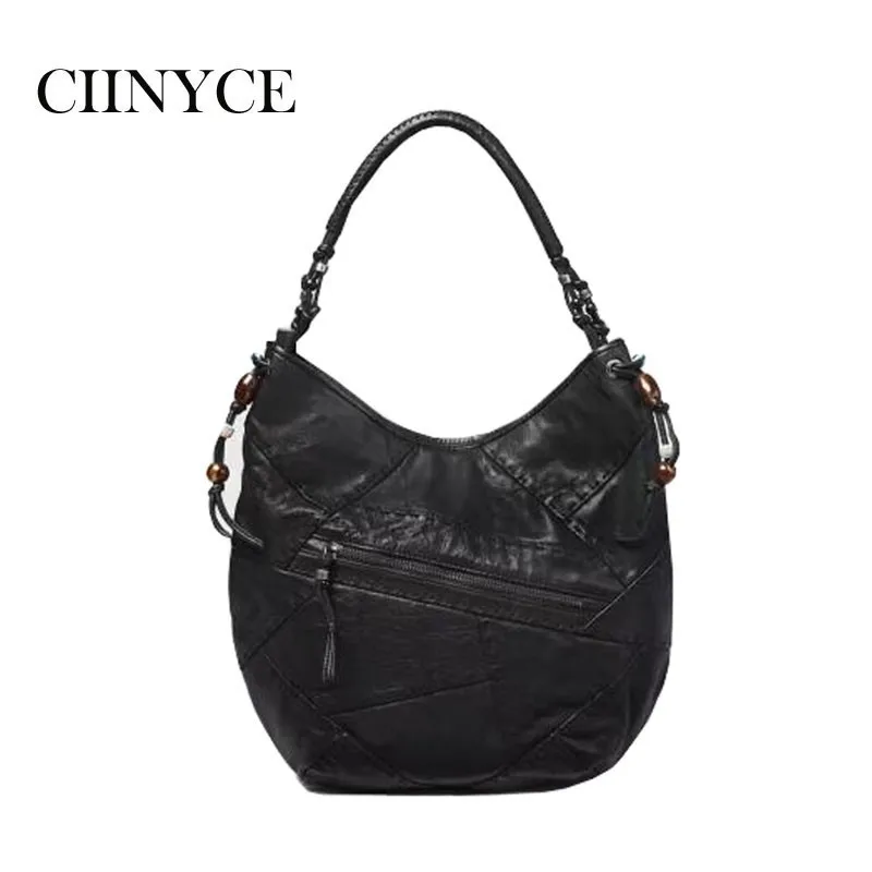 

Brand Winter New Women Genuine Sheep Leather Patchwork Purse Handbag Female Tote Designer Crossbody Black Beadings Shoulder bag