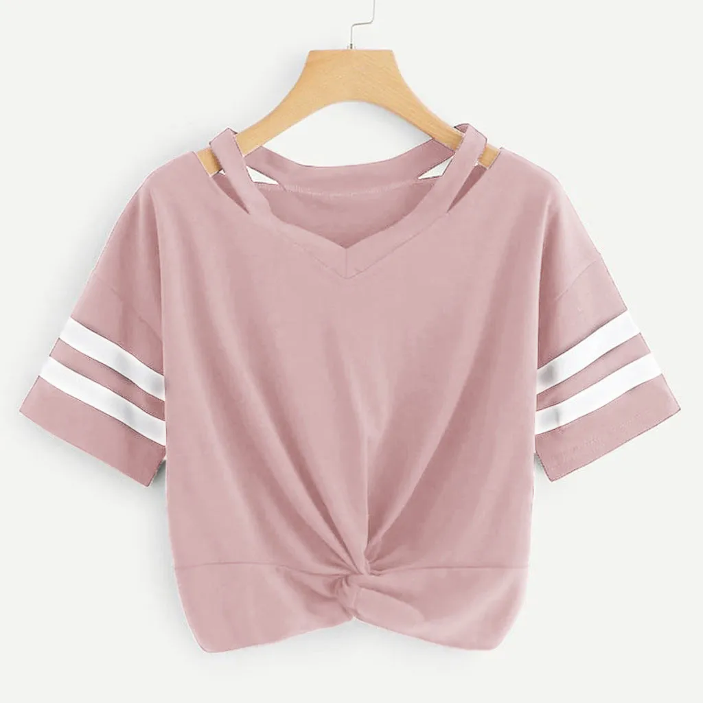 

Feitong Women Solid Color Striped Sleeve Crop Top Ladies Short T-Shirt Short Sleeve O Neck Casual Beach Tops 2019 Camiseta Mujer