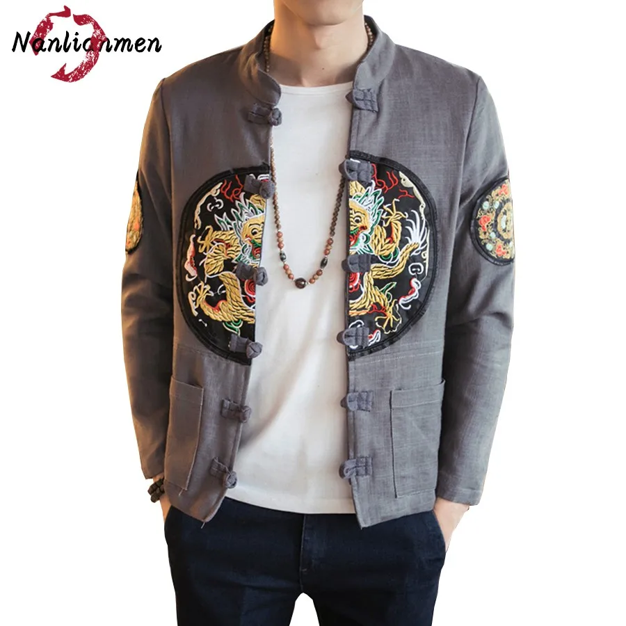 2017 Rushed Cotton Solid New Chinese Dragon Linen Bomber Jacket Mens