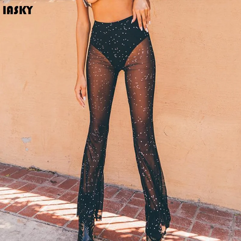 

IASKY 2019 Summer Shiny Mesh beach cover ups pants sexy women see through flare bikini swimsuit cover up beachwear