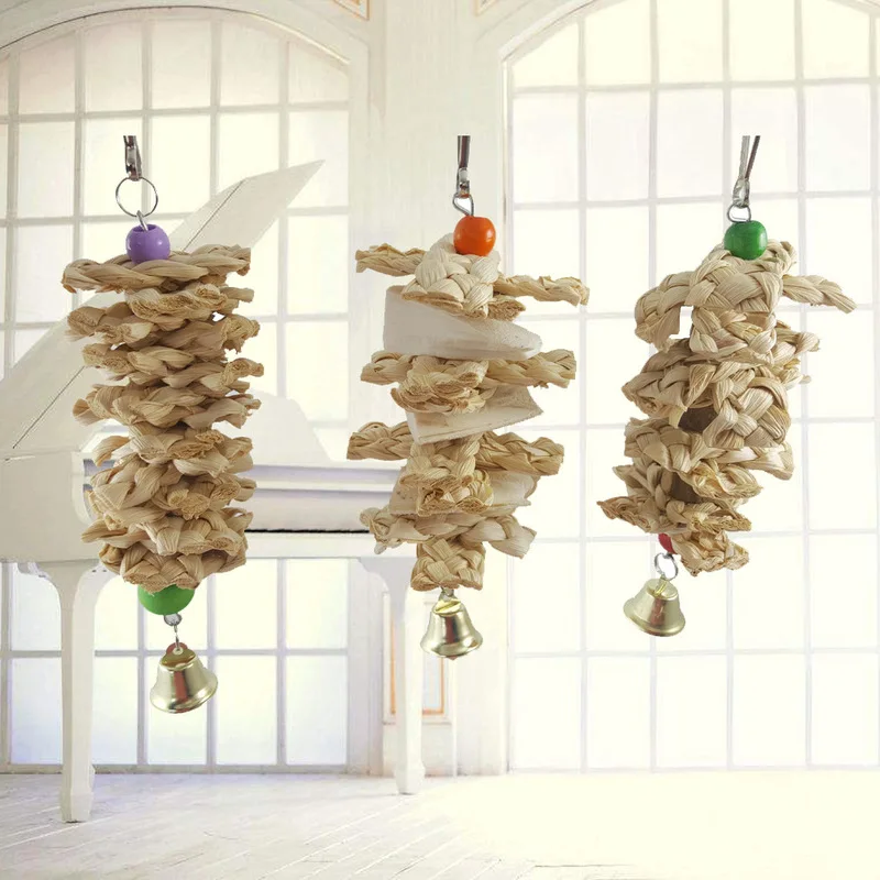 

Bird Parrot Toy with Cuttlefish Bone And Bell Natural Wooden Grass Chewing Bite Hanging Cage Swing Climb Chew Toys 3 Style