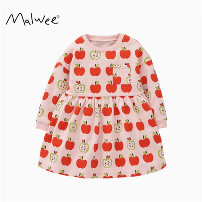 

2019 Long Sleeve Kids Girls Fall Autumn Spring Girls Clothes Full Apple Printing Red X'mas Christmas Children Dresses 2-7 Years